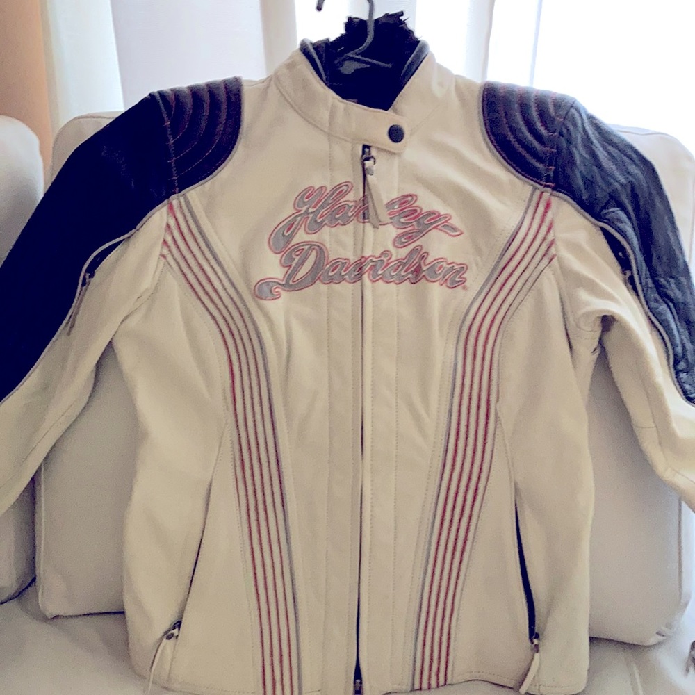 Leather jacket white with pink and black trim